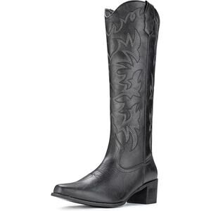New IUV Womens 10 Black Faux Leather 2.25" Heel Knee High Cowboy Boots w Flaw